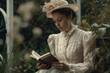 Woman in Victorian epoch style clothes reading novel book in garden, created with Generative AI Technology