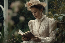 Woman In Victorian Epoch Style Clothes Reading Novel Book In Garden, Created With Generative AI Technology