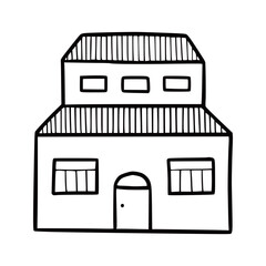Poster - Hand drawn cute house. Doodle sketch style home. House building with window, roof. Vector illustration for home icon.