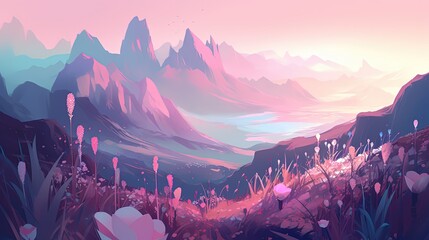 Wall Mural - landscape illustration, pink purple valley mountain, Generative Ai