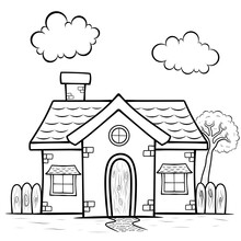Funny Fairy Tale House Children Coloring Page Isolated On White Back