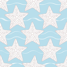 Starfish Vector Seamless Pattern. Sea Beach Line Doodle Summer Print For Fabric, Paper, Wrap