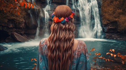 beautiful woman standing at waterfall at middle forest, Generative Ai 