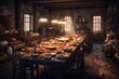 Long table filled with delicious Thanksgiving dishes. The setting a rustic barn , with fall foliage and pumpkins adding to the seasonal atmosphere. Generative AI