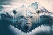 © InfiniteFlow - image shown by polar bear suffer due to melting ice caused by the impact of climate change on double exposure of global warming turning arctic hotter in background. Superb Generative AI.