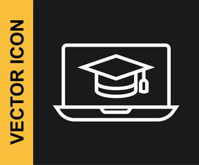 Wall Mural - White line Graduation cap on screen laptop icon isolated on black background. Online learning or e-learning concept. Vector