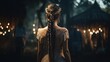 woman cosplay back view portrait of beautiful sorcerer in forest, Generative Ai