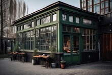 Exterior Of Small European Wooden Cafe Or Restaurant. Generative AI