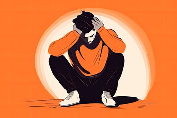 Illustration of man with problems holding his head with hands sitting on the floor. Generative AI