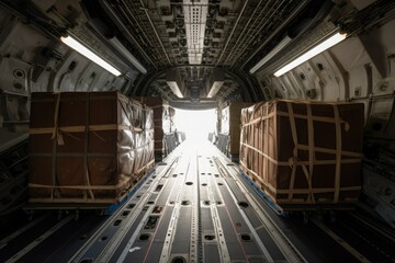 Air cargo logistic containers in airplane. Generative AI