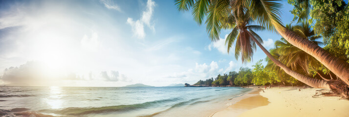 Wall Mural - tropical beach panorama with palm trees. generative ai.