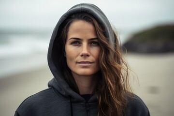 Wall Mural - Medium shot portrait photography of a satisfied woman in her 30s wearing a stylish hoodie against a beach background. Generative AI
