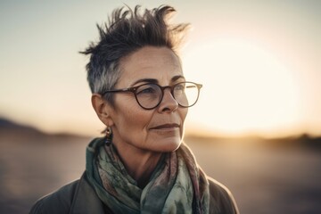 Wall Mural - Portrait of a senior woman with glasses and a scarf at sunset