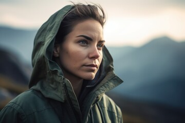 Poster - Photography in the style of pensive portraiture of a grinning woman in her 30s wearing a stylish hoodie against a mountain landscape background. Generative AI