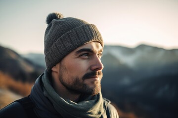 Wall Mural - Portrait of a handsome bearded man in a hat and scarf in the mountains