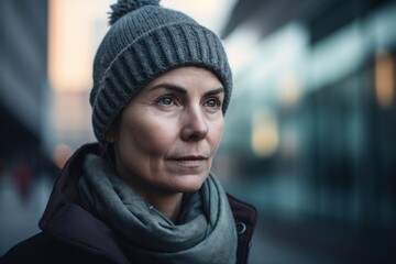 Canvas Print - Portrait of middle aged woman in the city. Looking at camera.