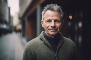 Wall Mural - Portrait of handsome middle-aged man with grey hair in the city