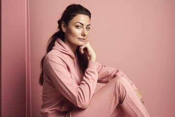 Wall Mural - Portrait of a beautiful girl in a pink suit on a pink background