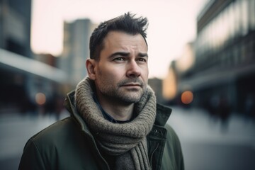 Canvas Print - Portrait of a handsome young man with coat and scarf in the city.