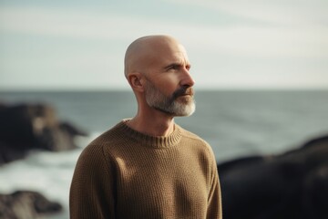 Poster - Portrait of a bald man in a sweater on the seashore