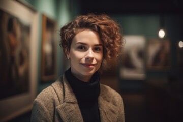 Wall Mural - Environmental portrait photography of a pleased woman in her 30s wearing a cozy sweater against an art gallery or museum background. Generative AI