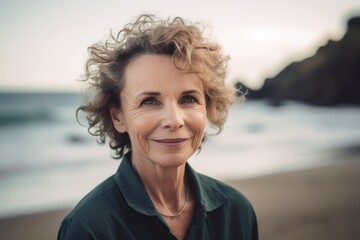 Poster - Portrait of smiling senior woman standing on beach in the evening.