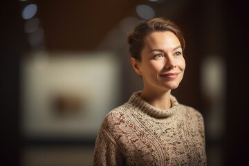 Poster - Portrait of a smiling woman looking at the camera in a museum