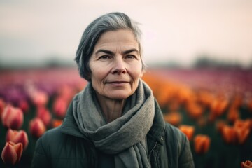 Canvas Print - Medium shot portrait photography of a grinning woman in her 50s wearing a cozy sweater against a flower field or tulip field background. Generative AI