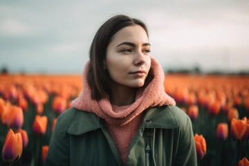 Wall Mural - Medium shot portrait photography of a pleased woman in her 20s wearing a cozy sweater against a flower field or tulip field background. Generative AI