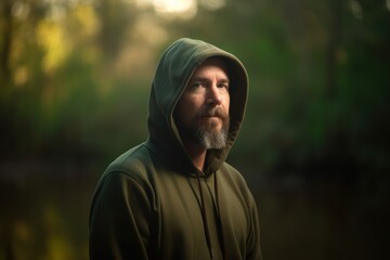 Sticker - Pet portrait photography of a pleased man in his 40s wearing a stylish hoodie against a swampy or bayou background. Generative AI