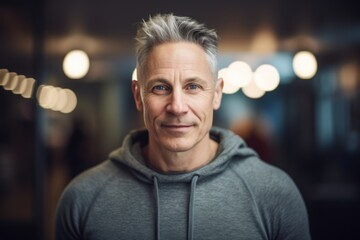 Canvas Print - Medium shot portrait photography of a satisfied man in his 40s wearing a cozy sweater against a gym or fitness center background. Generative AI