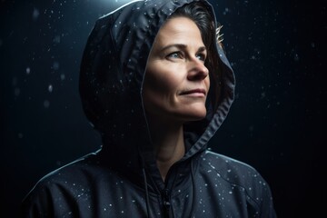 Portrait of a young woman in a raincoat on a dark background