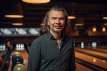 Wall Mural - Medium shot portrait photography of a pleased man in his 40s wearing a smart pair of trousers against a bowling alley or retro sports background. Generative AI