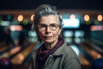 Wall Mural - Portrait of senior woman in bowling club at night. Focus on woman