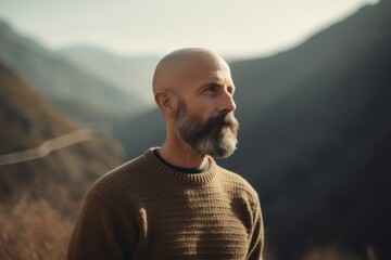 Sticker - Portrait of a bald man with a beard in the mountains.