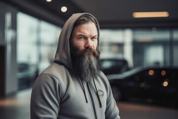 Portrait of a bearded man in a hood in a car salon