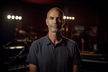 Portrait of a handsome bald man in a dark room with lights