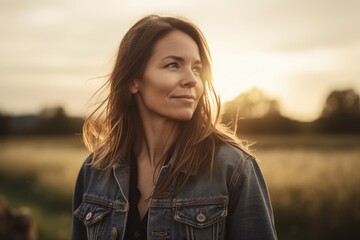 Wall Mural - Lifestyle portrait photography of a satisfied woman in her 30s wearing a denim jacket against a countryside or rural background. Generative AI