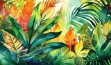Fototapeta Motyle - Watercolor tropical summer background with vegetation, generative AI