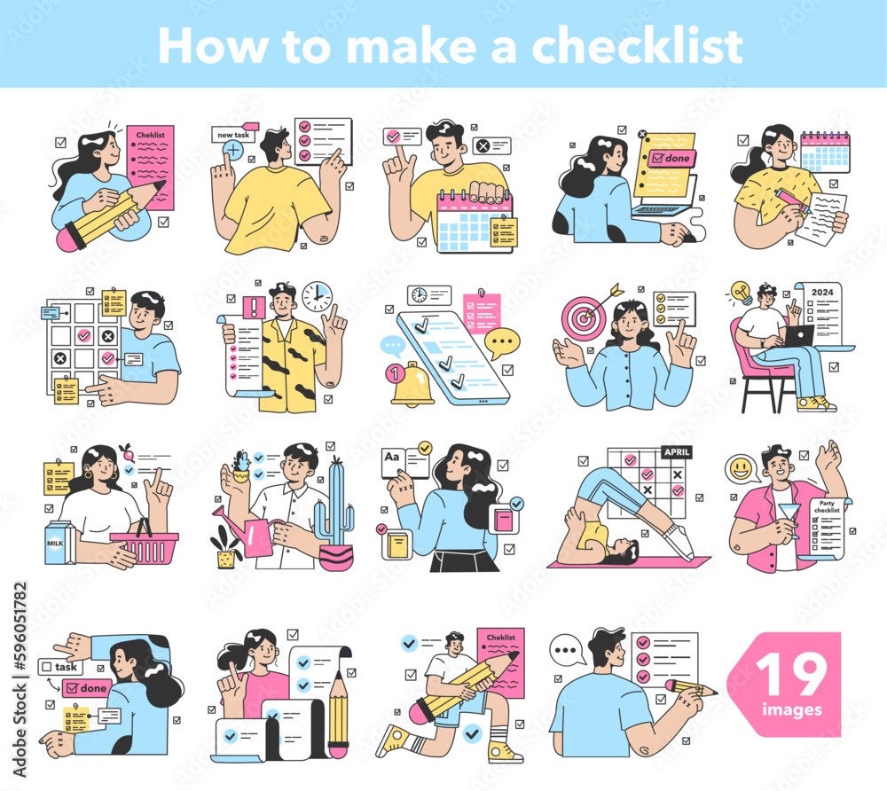 Checklist making set. Character planning the daily routine, events ...