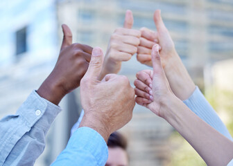 Poster - Thumbs up, up and away. a group of unrecognizable businesspeople raising their hands into the air while giving thumbs up.