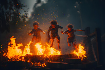 Several children jump over the fire in the evening in the forest, camp hike, summer gatherings, fun entertainment. Generative AI