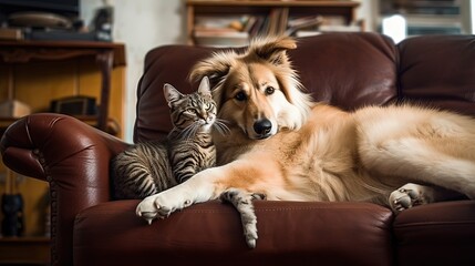 Canvas Print - cute cat play with dog in living room,  funny animal picture, Generative Ai