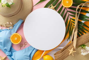 Wall Mural - Summer dreams! Top view flat lay of blue swimsuit with sunhat, green palm leaves, earrings, bracelet, and bag on pastel pink background with empty circle for text or advert