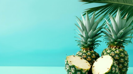  blue background with pineapple  , tropical summer concept , generative ai