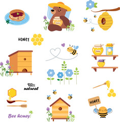 Poster - Honey production objects set. Apiary products and equipment cartoon vector illustration