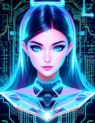 Poster - the face of a fictional girl symbolizing artificial intelligence, around glowing connections, networks, future technologies, development and futurism, generative AI