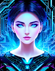 Poster - the face of a fictional girl symbolizing artificial intelligence, around glowing connections, networks, future technologies, development and futurism, generative AI
