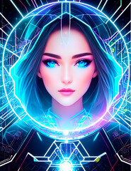 Poster - the face of a fictional girl symbolizing artificial intelligence, around glowing connections, networks, future technologies, development and futurism, generative AI