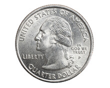 A Quarter Dollar Coin On A White Isolated Background